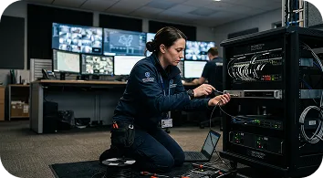 Technician maintaining surveillance equipment